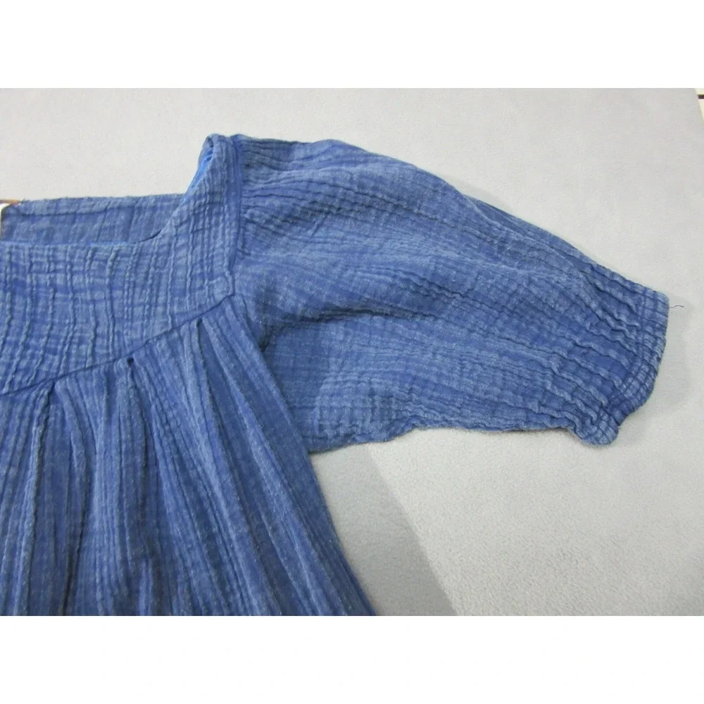 Free People Dress Womens XS Blue Peasant Mini Square Neck Puff Sleeve Frayed Hem